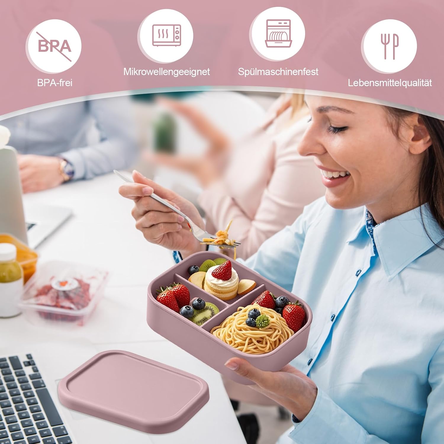 Bento Box Silicone Lunch Box - BPA-Free Food Box with Compartments, Microwave Safe & Leak-Proof - Children & Adults 800 ml for School Office Picnic – Bild 4