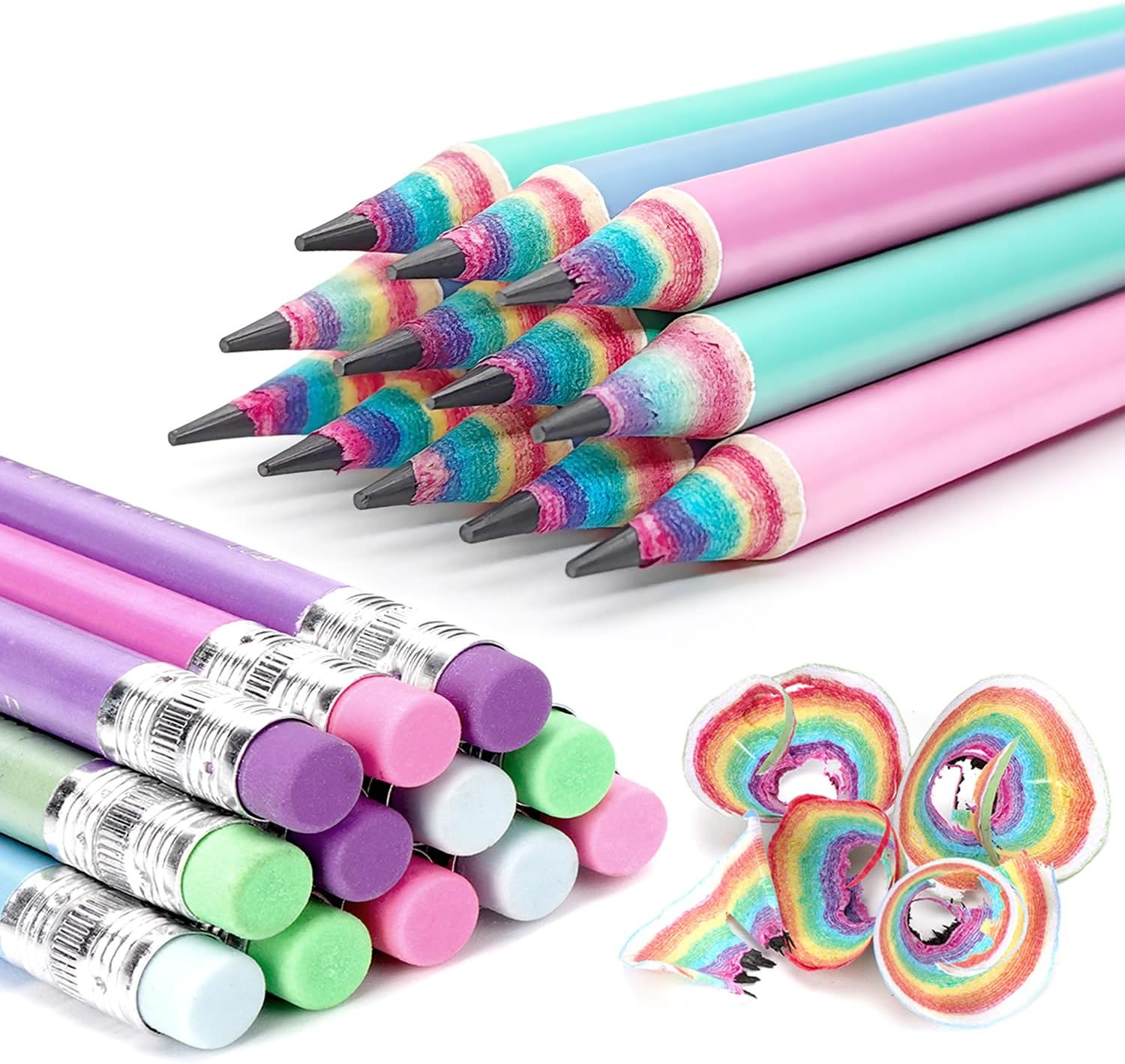 Rainbow Pencils, Drawing Writing Pencil with Rubber, Recyclable Paper Material, Pre-Sharpened, for School and Office - Hardness HB (Pack of 12) 1