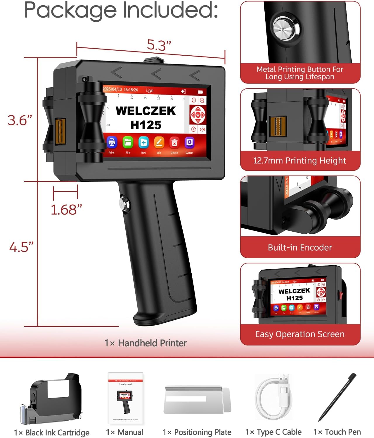 WELCZEK H125 Portable Handheld Printer - Hand Inkjet Printer of Texts/Logos/QR Codes/Barcodes/Date/Serial Numbers, Inkjet Coding System for Cardboard/Metal/Plastic/Ceramic/Wood/Textiles – Bild 6