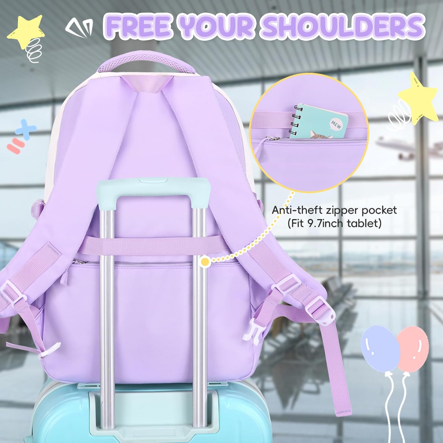 School Backpack Girls 3-Piece Casual Kids Backpack Lightweight School Bag for Girls 3rd to 5th Grade Primary School Middle School School Bag Set with Lunch Bag Pen Case, Purple – Bild 7