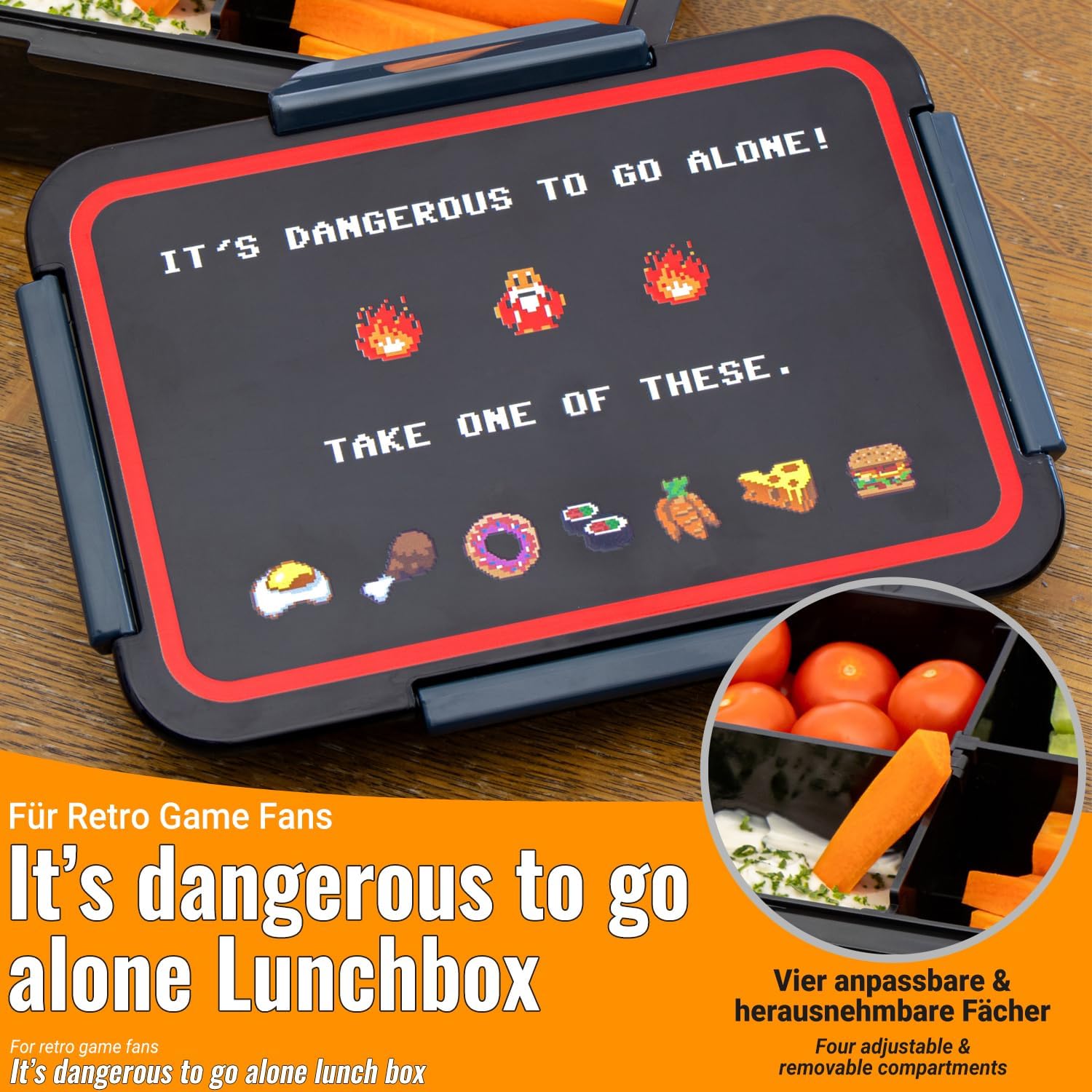 getDigital Lunch Box Dangerous to Go Alone, Bento Box for Nerds & Gaming Fans with 4 Adjustable Compartments, Leak-proof Container with Lid, Dishwasher Safe and Microwave Safe, 800 ml – Bild 4