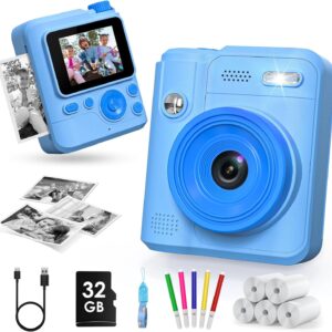 Gofunly Instant Camera Children, 1080P HD Children's Camera Instant Camera with 32GB Card & Printer Paper, Camera Children Instant Print Children's Toy Gifts for Boys and Girls 3-12 Years