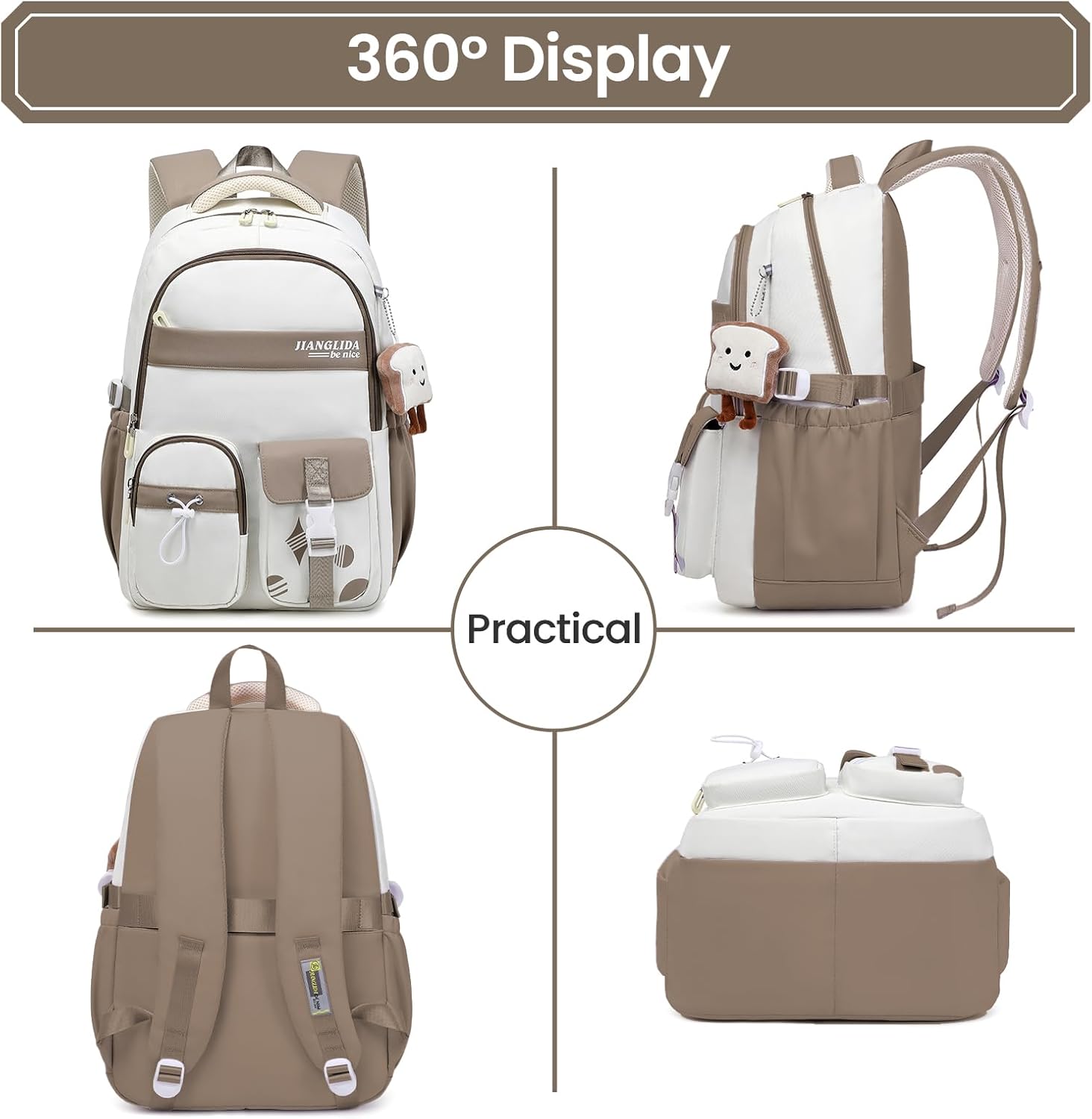 Girls' School Backpack - Backpack Teenager Waterproof & Lightweight - Stylish Casual Daypack, Nylon School Bag Girls 3rd - 9th Class with Large Capacity, 8534# Brown, Rucksack Backpacks – Bild 7