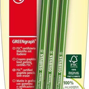 Eco-Friendly Graphite Pencil with Eraser - STABILO GREENgraph - Pack of 3 - HB