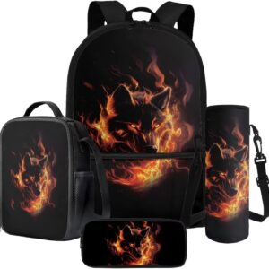 4 Pieces School Bag Set for Teens, Backpack and Lunch Bag Set for Student, Travel Bookbag for Kids, Black Wolf, School bag set