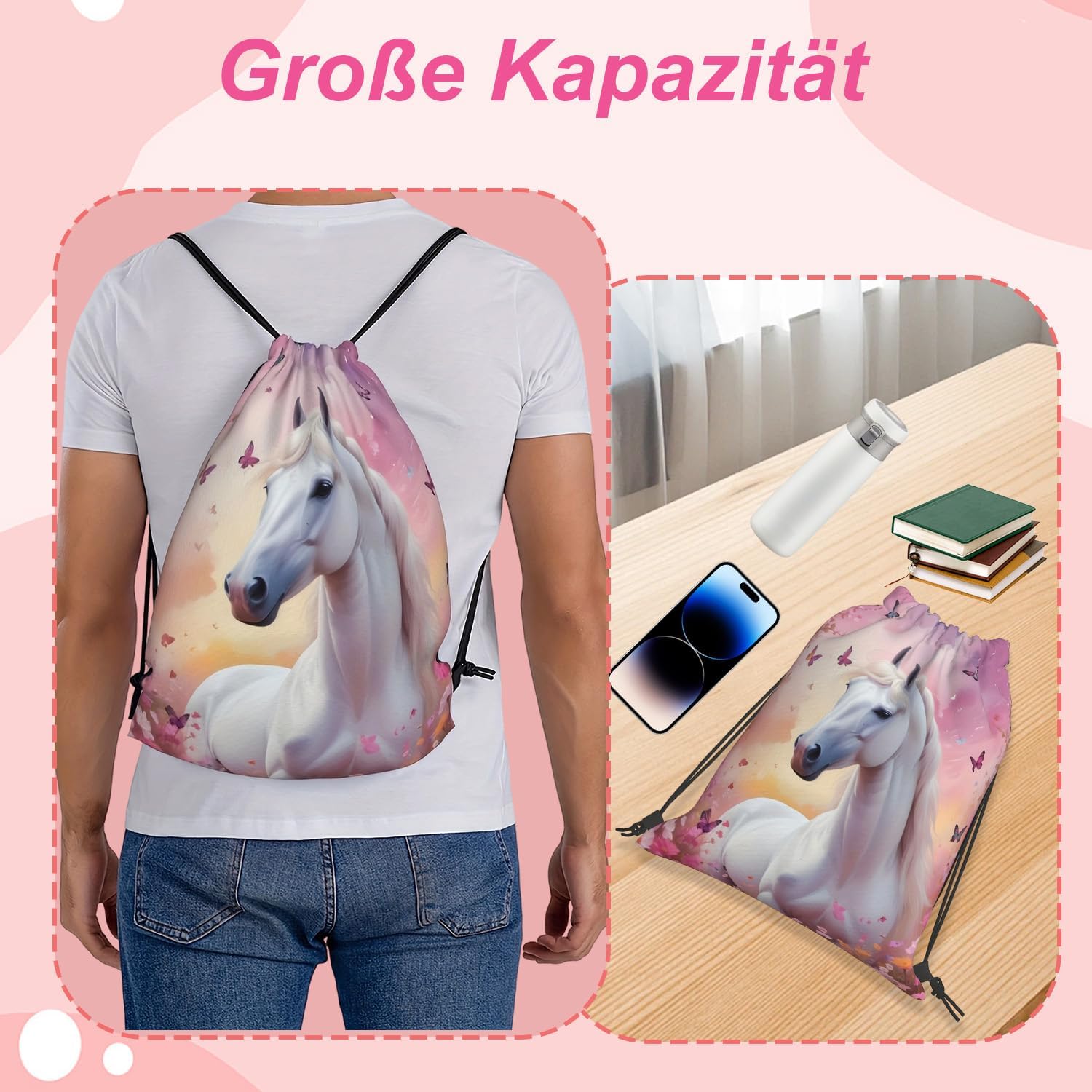 Horse Backpack with Drawstring, Drawstring Bag, Gym Bag, Large, Waterproof Drawstring with Butterfly Pattern, Horse Gift, Sports Bag for Men and Women, Gym Bag, Sports Backpack – Bild 2