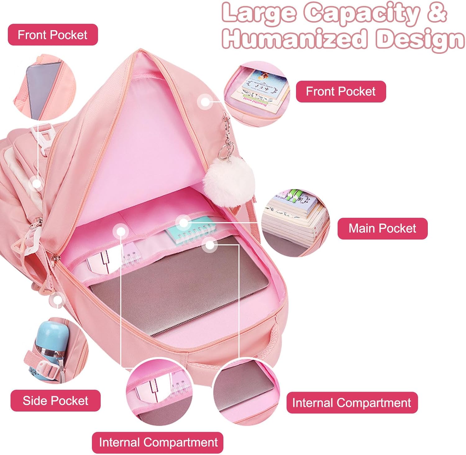 FANDARE Children's Backpack School Backpack for Girls School Bag with Cute Badge Boy Teenager School Bag Backpack Book Bags School Daypack Lightweight Backpack School Daypacks Beige – Bild 4