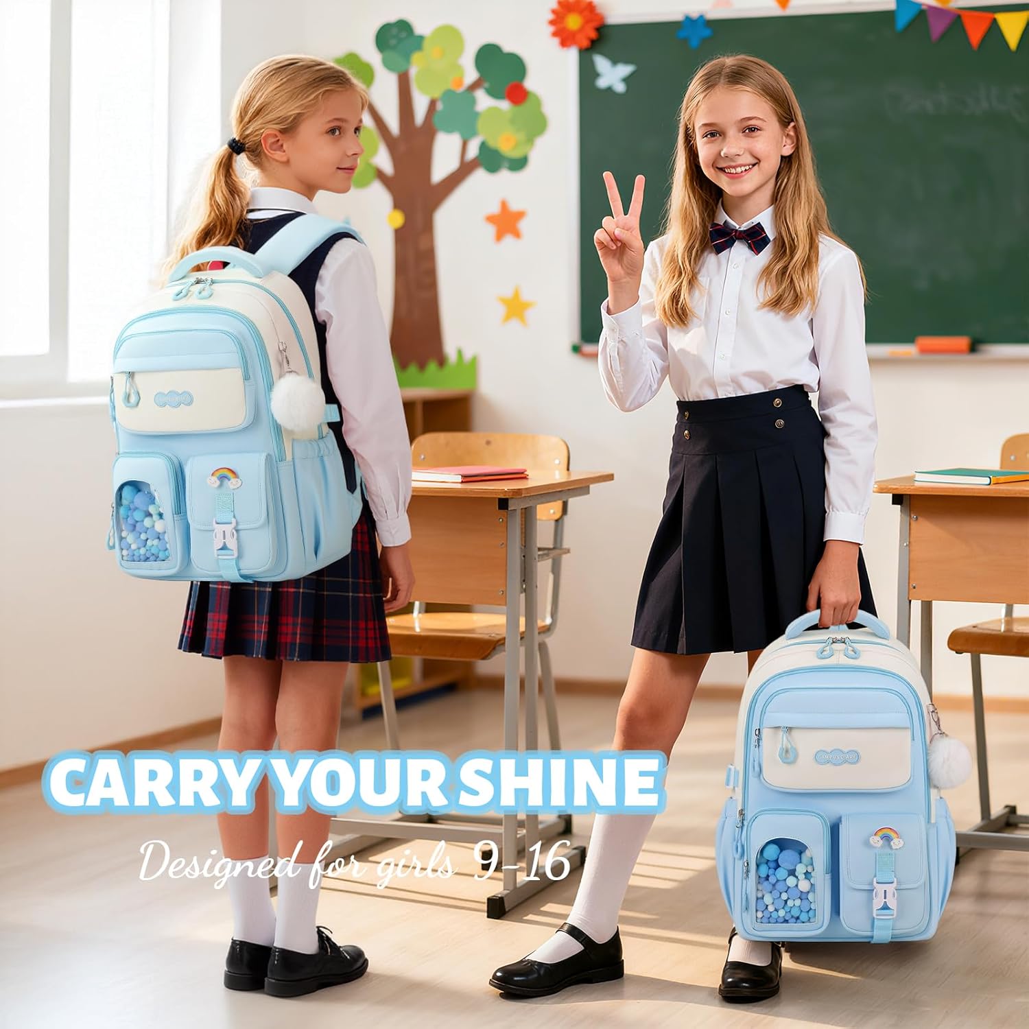 School Backpack Girls, Teenager Backpack with Pompom, Trolley Loop and Reflectors, Large School Bag for Girls 3rd - 7th Grade Water Resistant for School and Travel – Bild 2