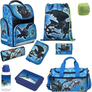Familando School Bag 1st Class · Ergonomic Satchel · School Bag for Boys and Girls, Dragons - How to Train Dragon, 9-piece set with sports bag