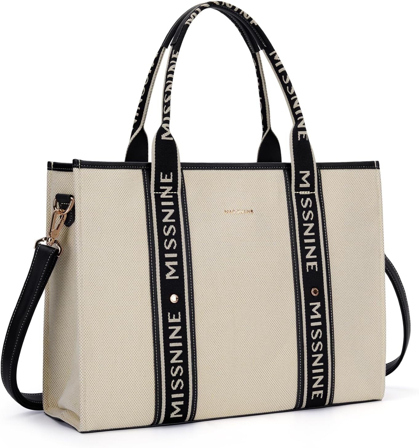 Missnine Tote Bag Canvas Laptop Bag 15.6 Inch Briefcase for Women Large Capacity Handbag for Office School Travel, Black + Beige, Elegant – Bild 2