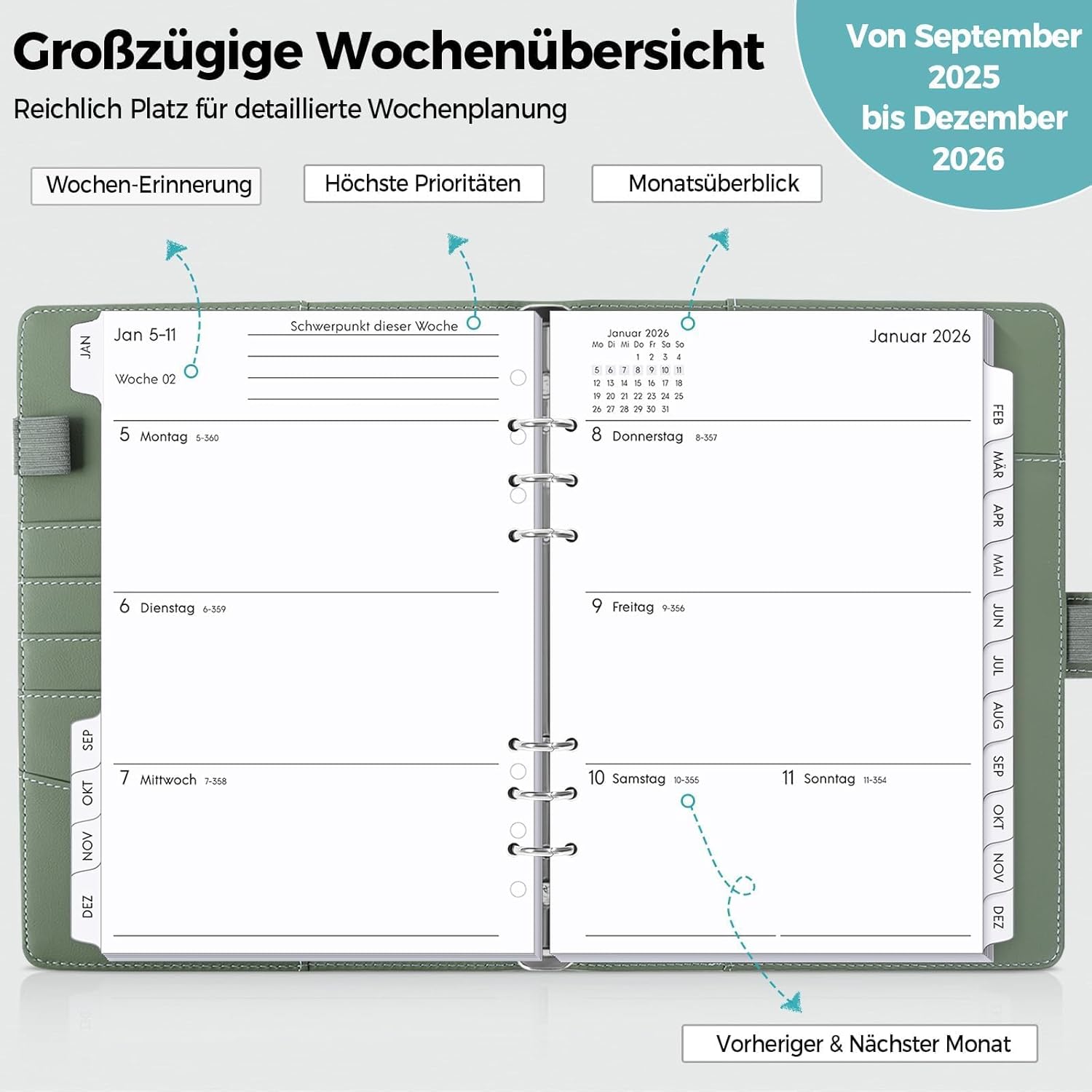 SKYDUE Calendar Ring Binder A5, Ring Binder A5 Refillable from September 2025 to December 2026, Diary 2026, Perfect for Students and Professionals (Olive Green) – Bild 3