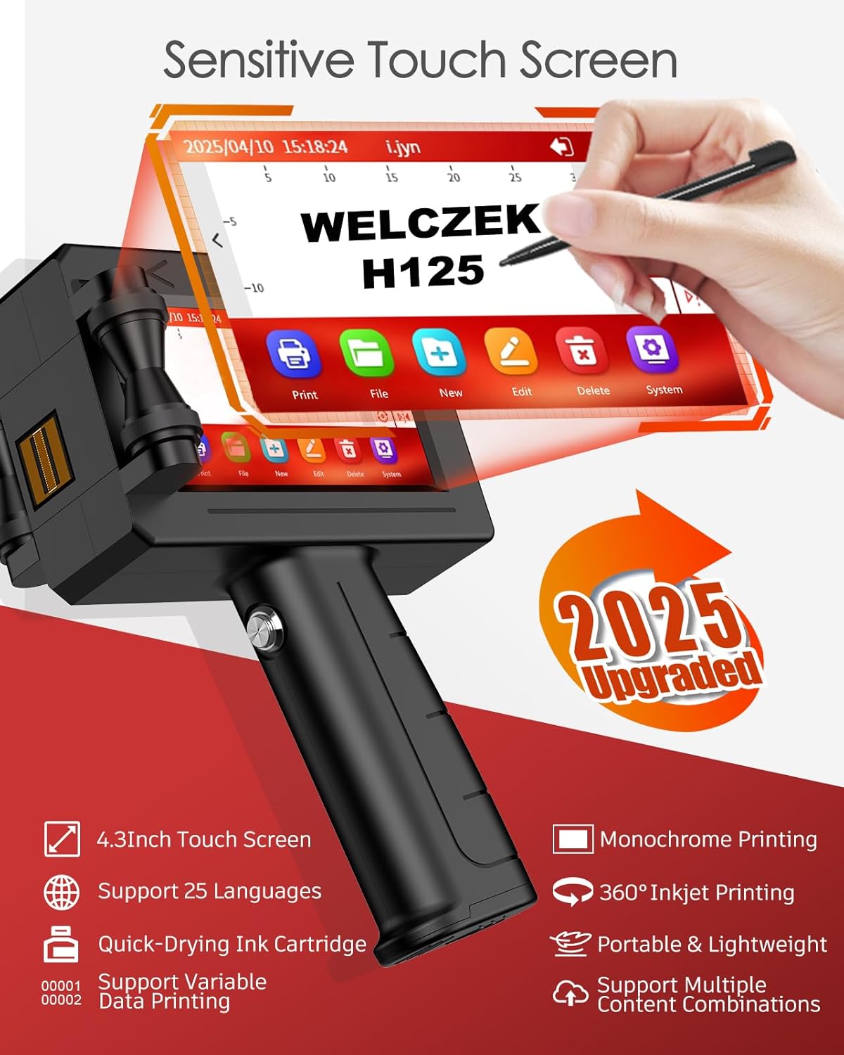 WELCZEK H125 Portable Handheld Printer - Hand Inkjet Printer of Texts/Logos/QR Codes/Barcodes/Date/Serial Numbers, Inkjet Coding System for Cardboard/Metal/Plastic/Ceramic/Wood/Textiles – Bild 4