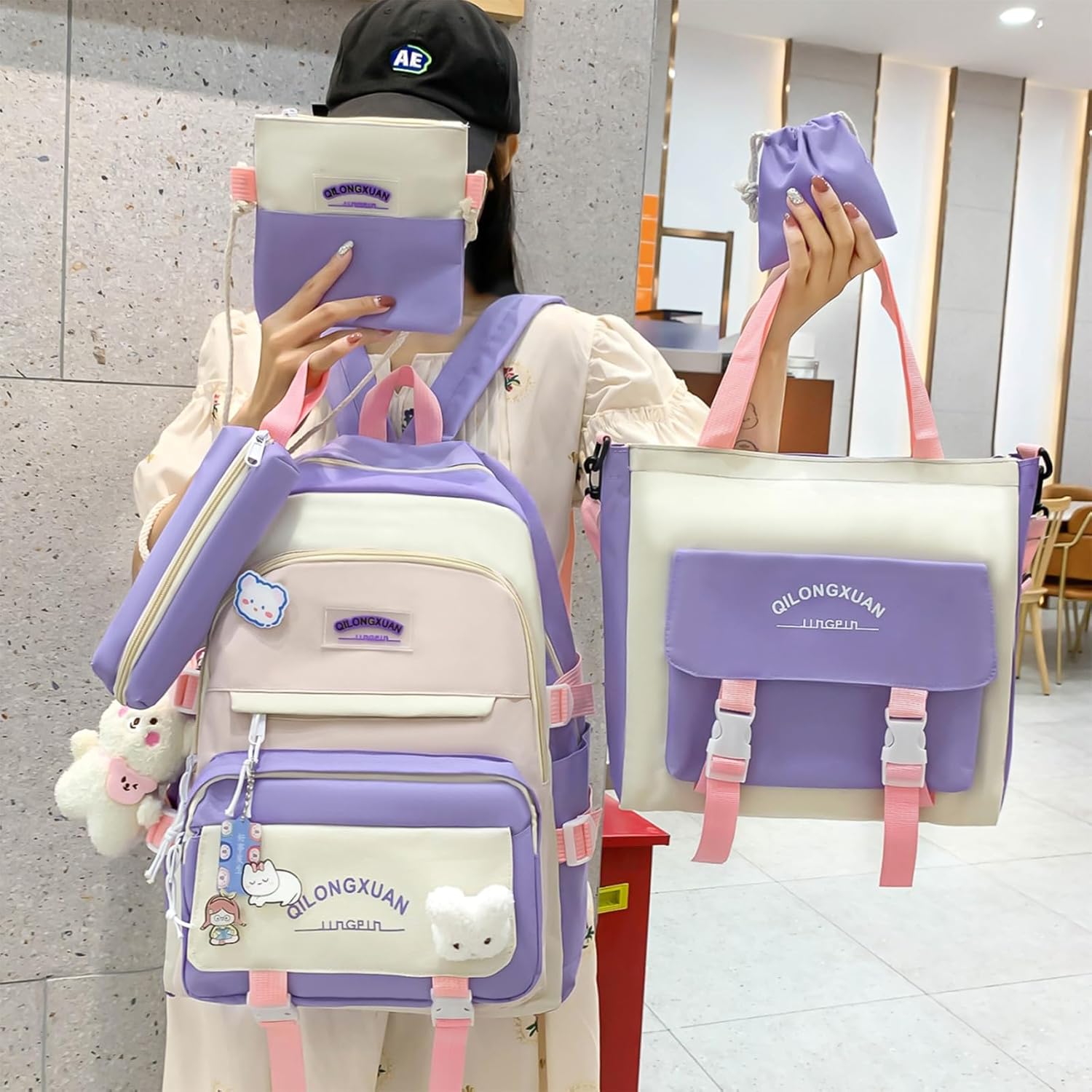 IvyH School Bag Set 5 Pieces School Bag Girls Backpack School Teenager School Backpack for Girls 3rd to 7th Grade School Bag Set with Shopping Bag Pencil Case Neck Pouch, 45cm, 8583# Blue, Backpack – Bild 8