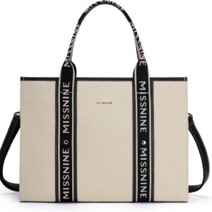Missnine Tote Bag Canvas Laptop Bag 15.6 Inch Briefcase for Women Large Capacity Handbag for Office School Travel, Black + Beige, Elegant