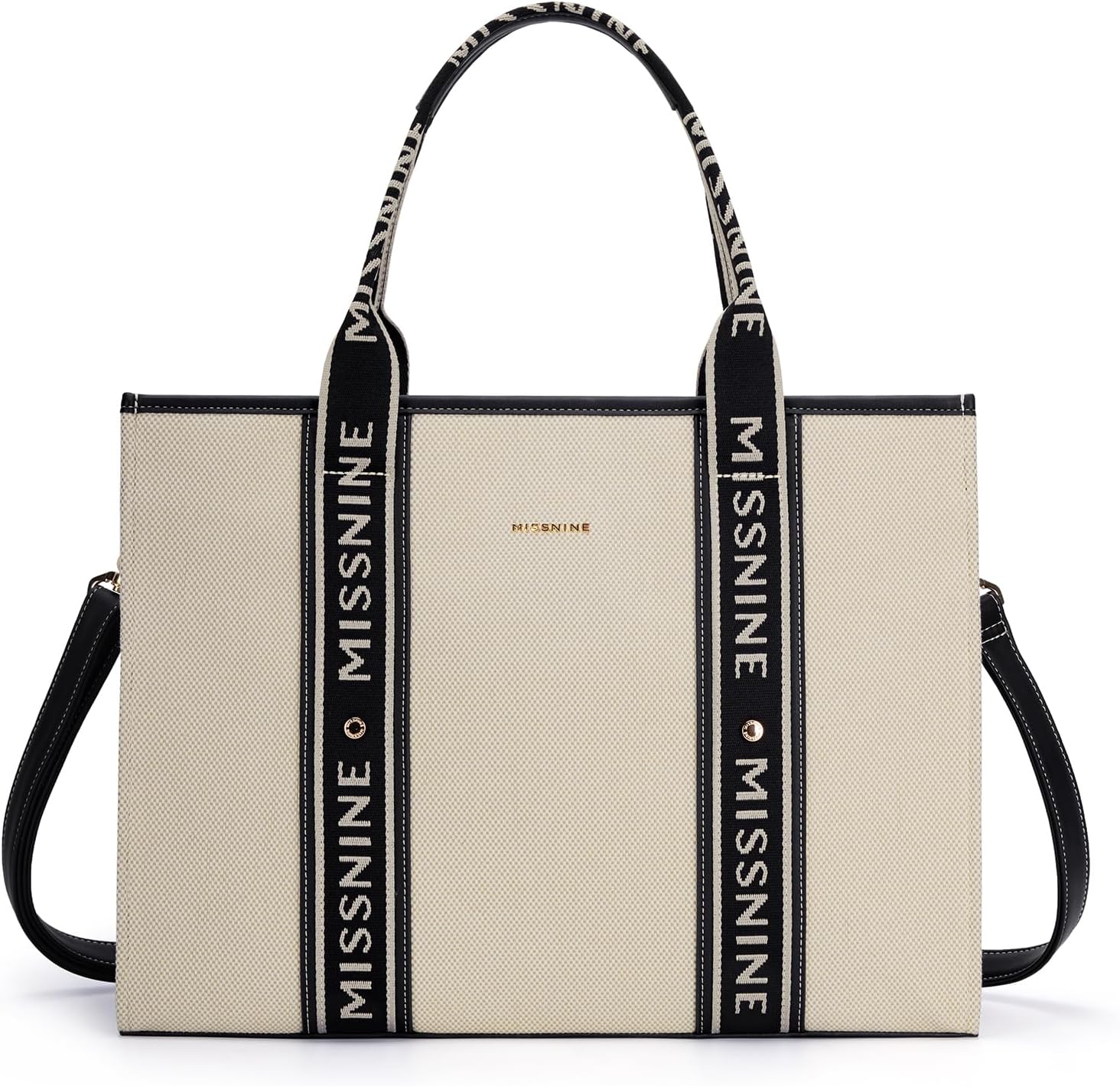 Missnine Tote Bag Canvas Laptop Bag 15.6 Inch Briefcase for Women Large Capacity Handbag for Office School Travel, Black + Beige, Elegant