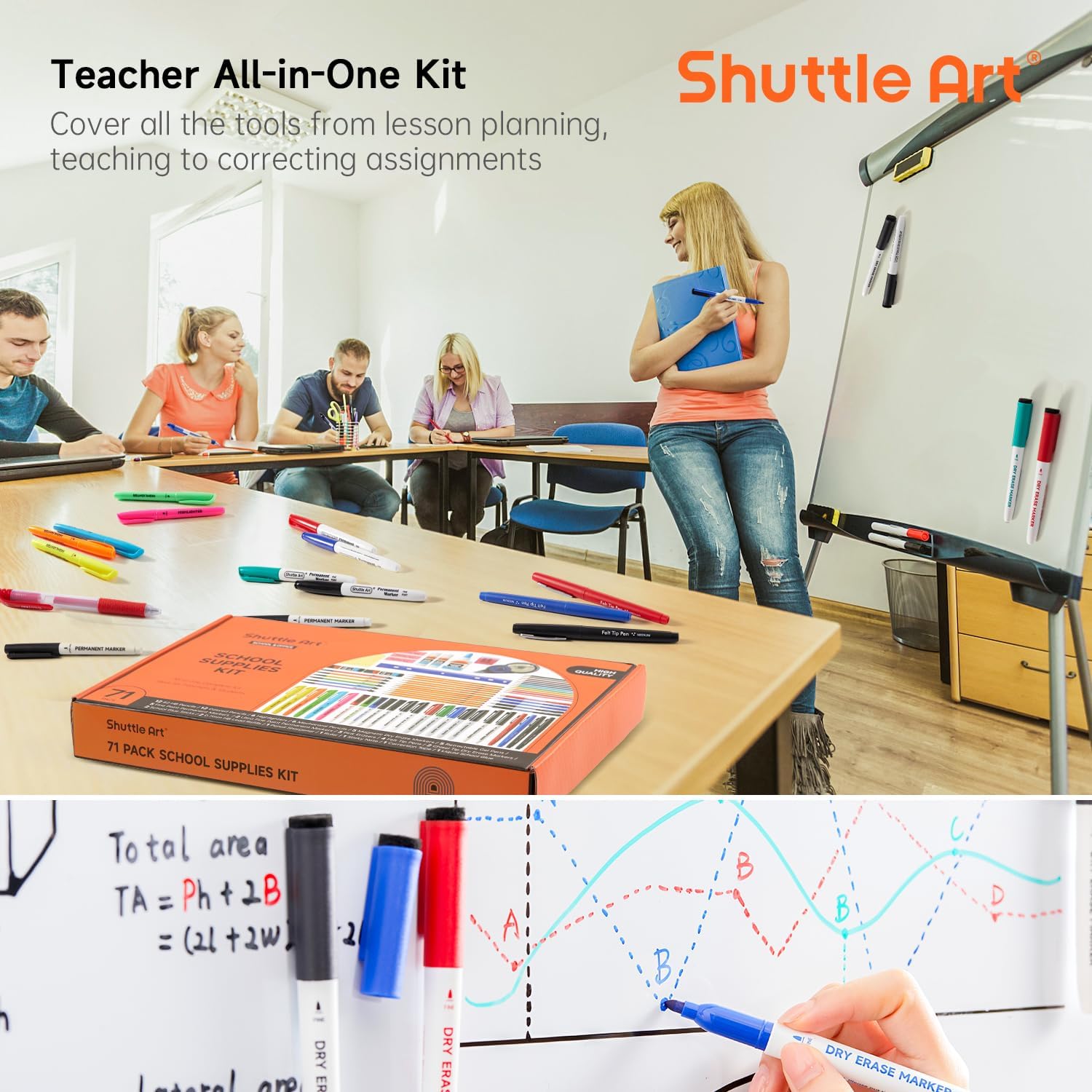 Shuttle Art 71-piece school supplies set, school supplies box for back to school, school enrolment, colouring pens, stationery for children and students, pencils, pens, markers, erasers, notebooks, folders – Bild 5