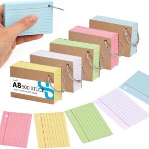 Koogel Index Cards, A8 Lined, Pack of 500 Lined Index Cards in Practical Learning Box for Learning on the Go