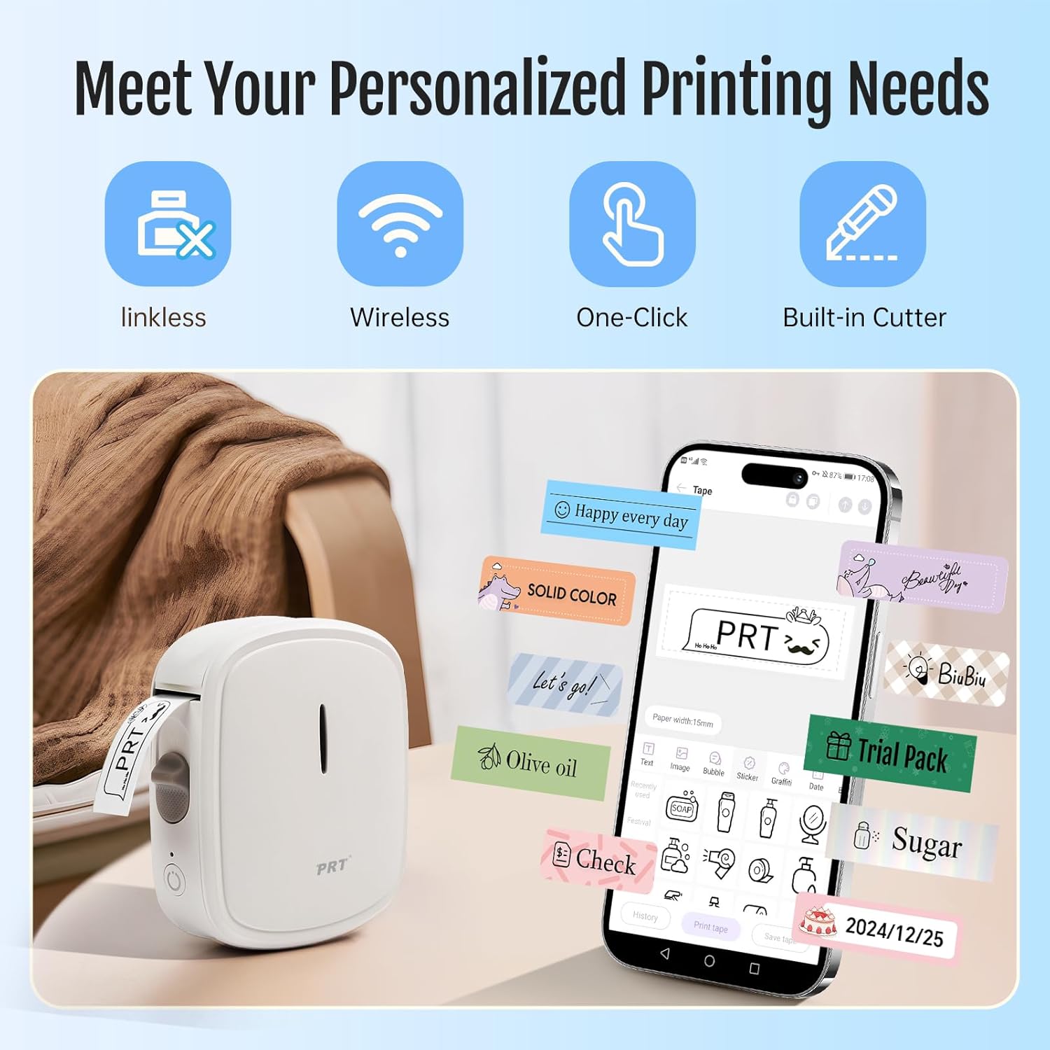 prt QUTIE Bluetooth Labelling Device, Self-Adhesive, Portable Mini Labeler, USB Charging Label Printer, Label Maker for Home, Office, Date, Name, Compatible, iOS & Android, White – Bild 2