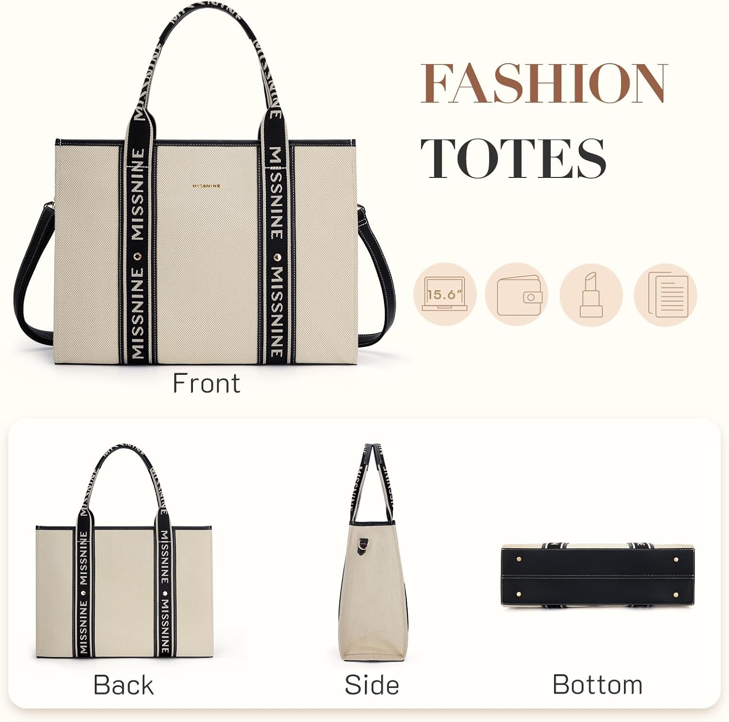 Missnine Tote Bag Canvas Laptop Bag 15.6 Inch Briefcase for Women Large Capacity Handbag for Office School Travel, Black + Beige, Elegant – Bild 5