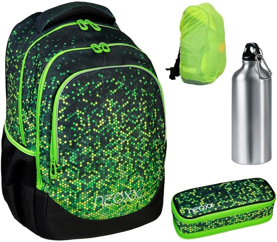 Familando Neoxx School Backpack 4-Piece Set with Pencil Case, Water Bottle and Rain Cover Backpack for School Ergonomic School Bag School Bag 5th to 12th Class, Pixels/Black Green, School backpack set