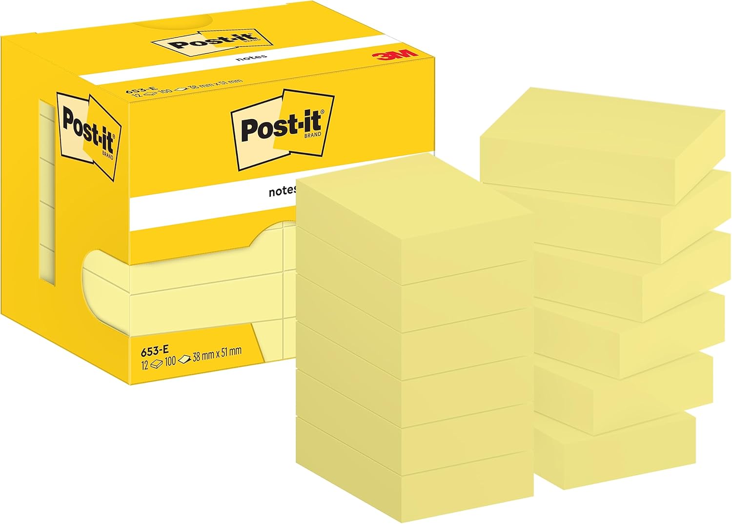 Post-it 653E Notes, 653E 38 x 51 mm - Canary Yellow, 12 Pads (100 Sheets Per Pad)