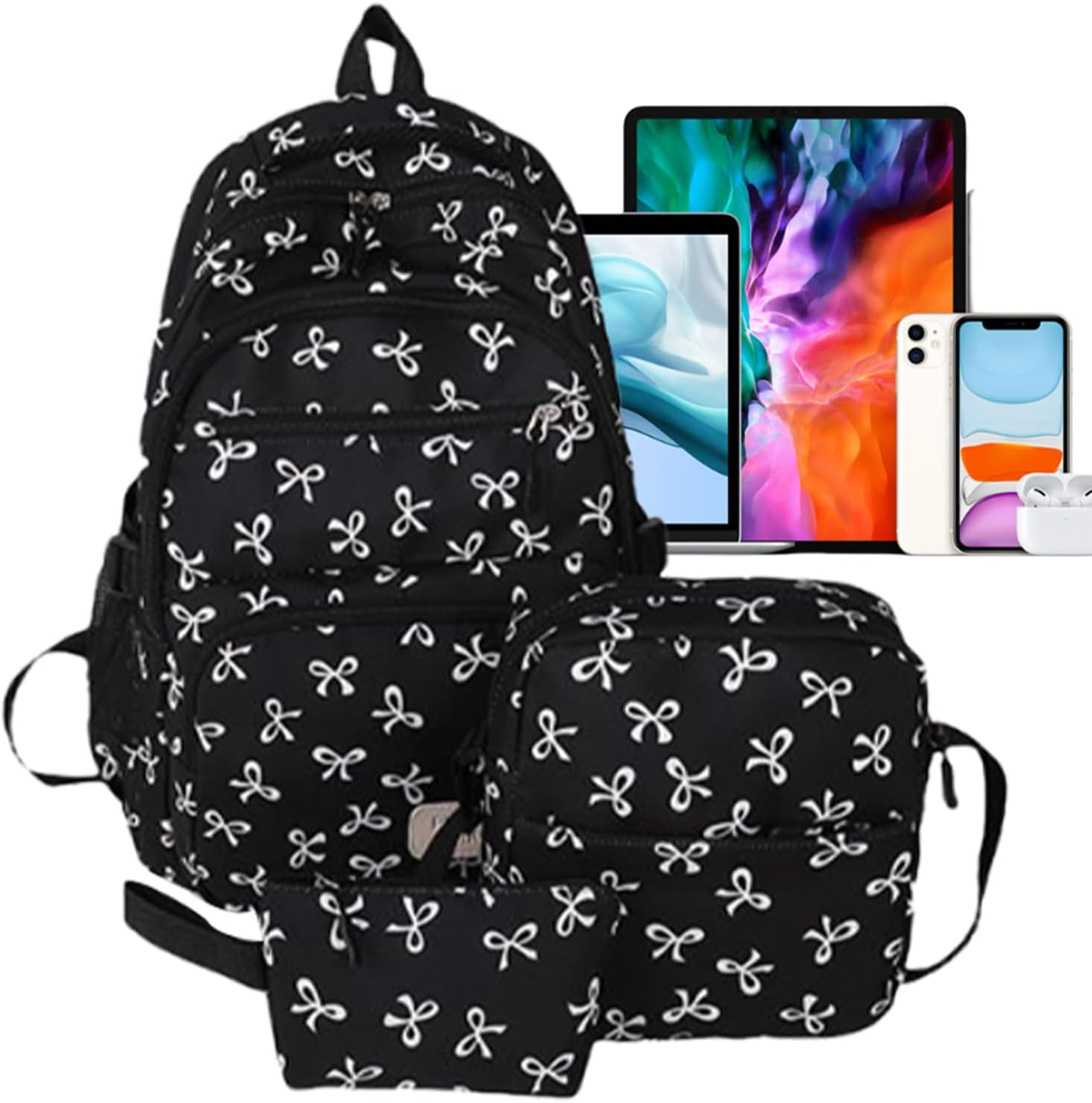 School Backpack Girls Teenager Vintage Backpack Set for Girls Bows School Bag Laptop School Bags with Lunch Bag and Pencil Case for Women School Travel (3 Pieces/Set) – Bild 2