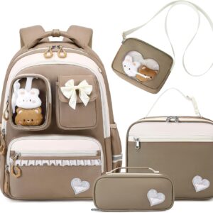 School Bag Girls' Backpack Children, 4-Piece School Backpack Set Breathable for Girls, Casual School Bag with Lunch Bag, Pencil Case and Shoulder Bag
