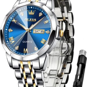 OLEVS Watches Men’s Diamond Business Dress Analogue Quartz Stainless Steel Waterproof Luminous Date Two-Tone Luxury Casual Watch Gifts for Men