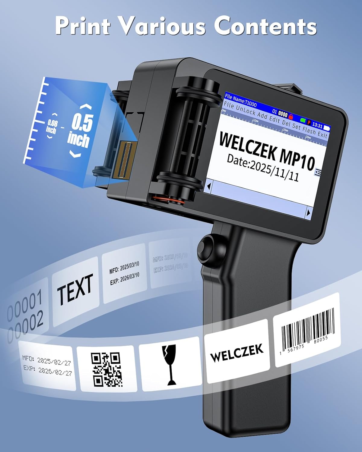 MP10 Mini Handheld Printer with Quick-Drying Ink, Portable Handheld Inkjet Printer for Labels - Prints Barcode, QR Code, Logo, Date & Batch Number (Upgrade Edition) – Bild 2