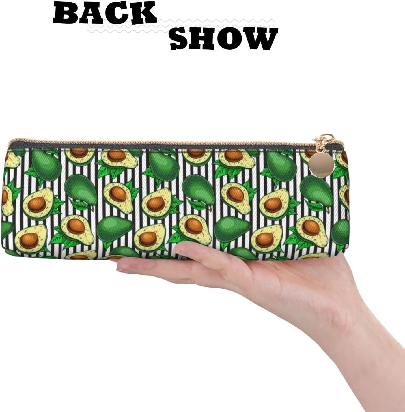 Avocado Pencil Case with Black and White Stripes Cosmetic Bag Pen Bag Triangle Leather Storage Bag Zipper Stationery Organizer for Adult Office, Avocado Black And White Stripes, Bag organiser – Bild 5