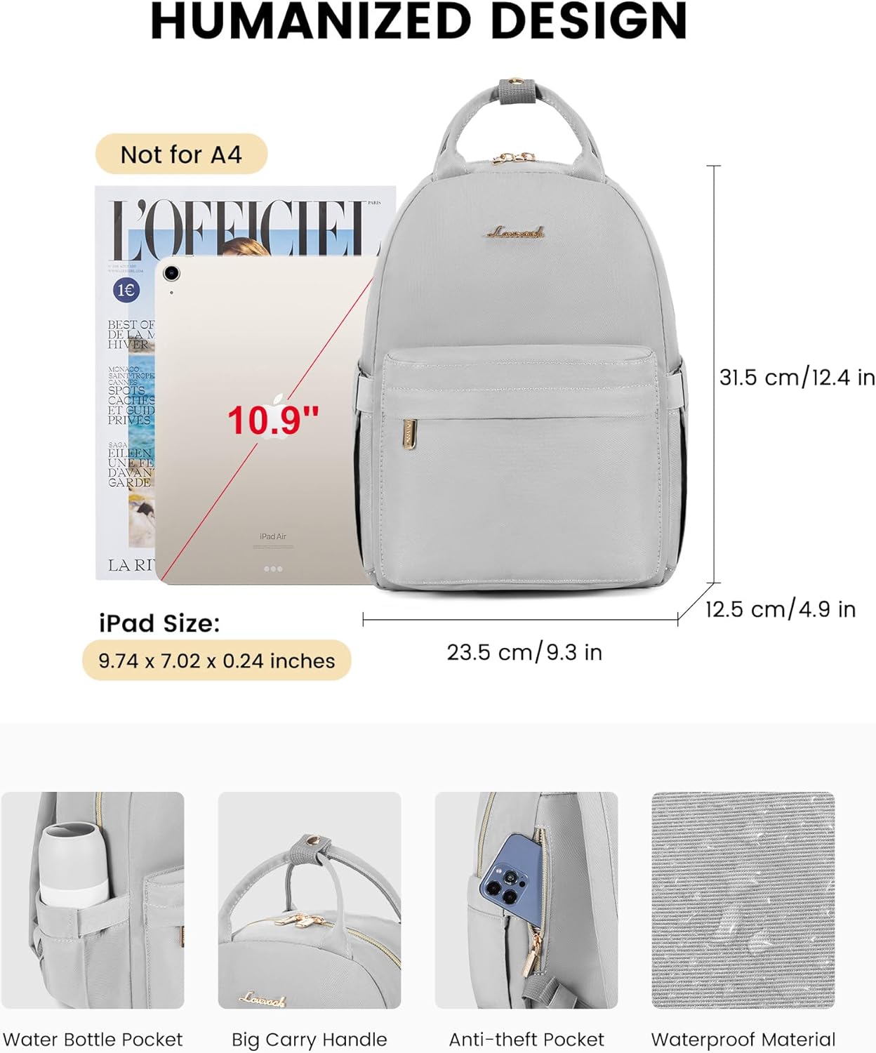 LOVEVOOK Small Backpack Women's Small City Backpack Handbag 2 in 1 Waterproof Daypack with USB Mini Backpack Women Elegant Casual Daypack for Travel Leisure Shopping Work, gray, Casual – Bild 4
