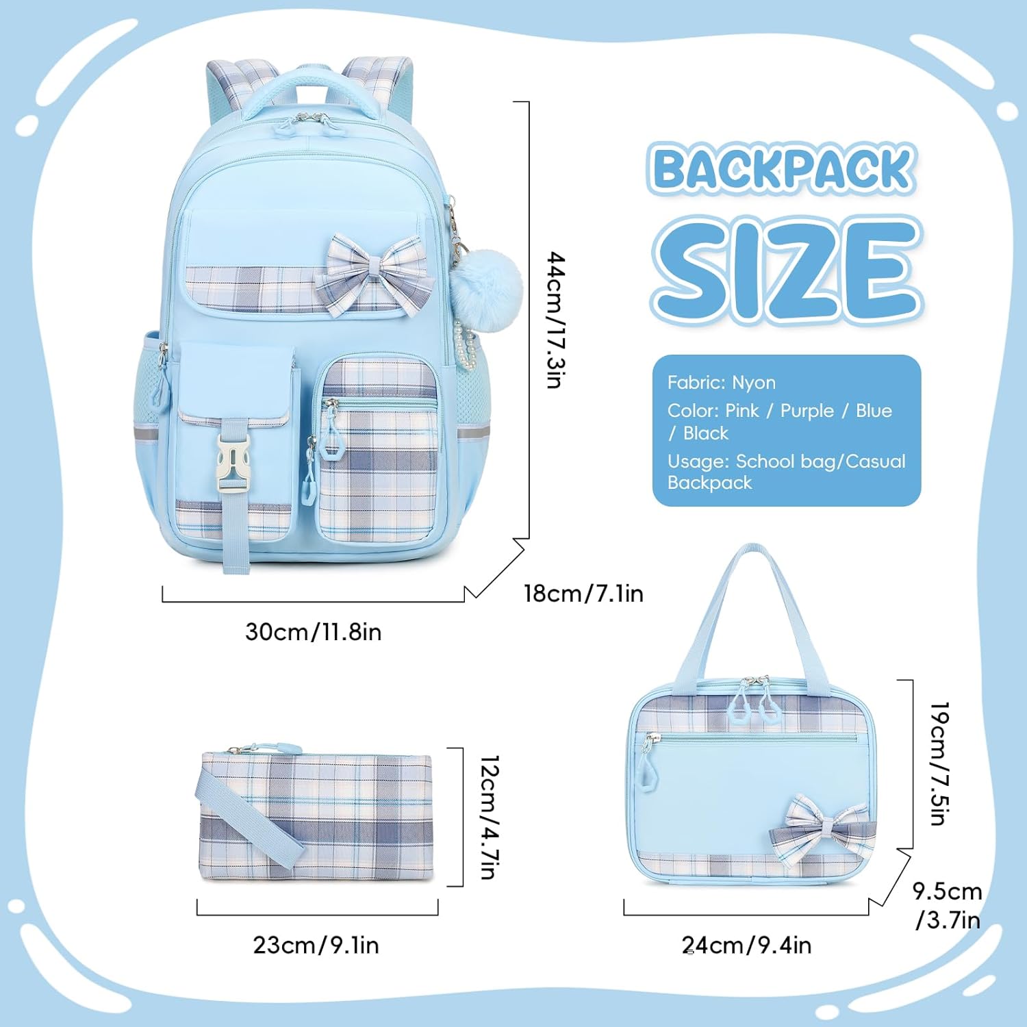 School Bag Girls Set, School Backpack Girls 3 Pieces with Lunch Bag Pencil Case, School Bag for Girls 3rd to 5th Grade, Cute Casual Children's Backpack, Blue – Bild 2