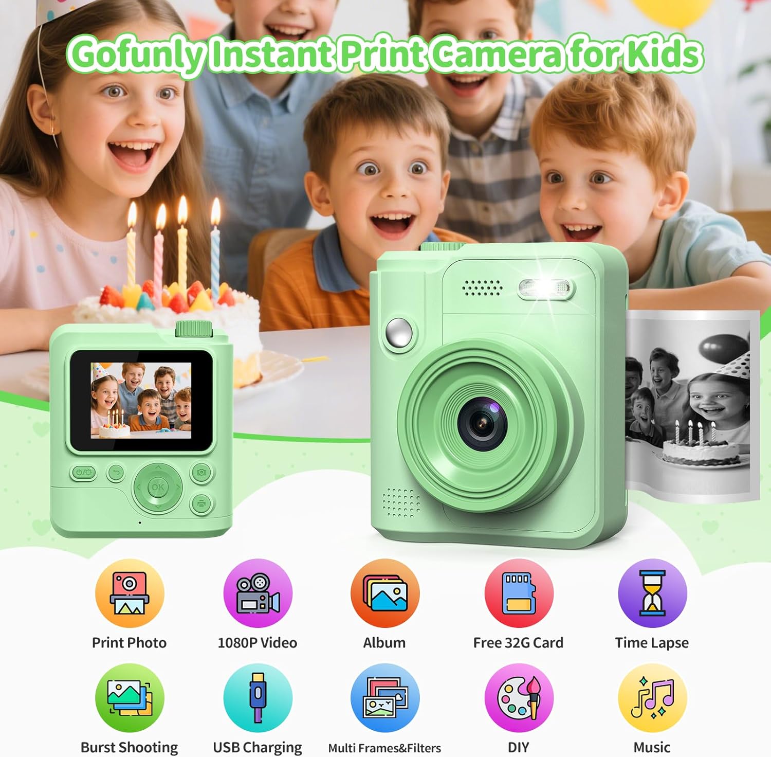 Gofunly Instant Camera Children, 1080P HD Children's Camera Instant Camera with 32GB Card & Printer Paper, Camera Children Instant Print Children's Toy Gifts for Boys and Girls 3-12 Years – Bild 2