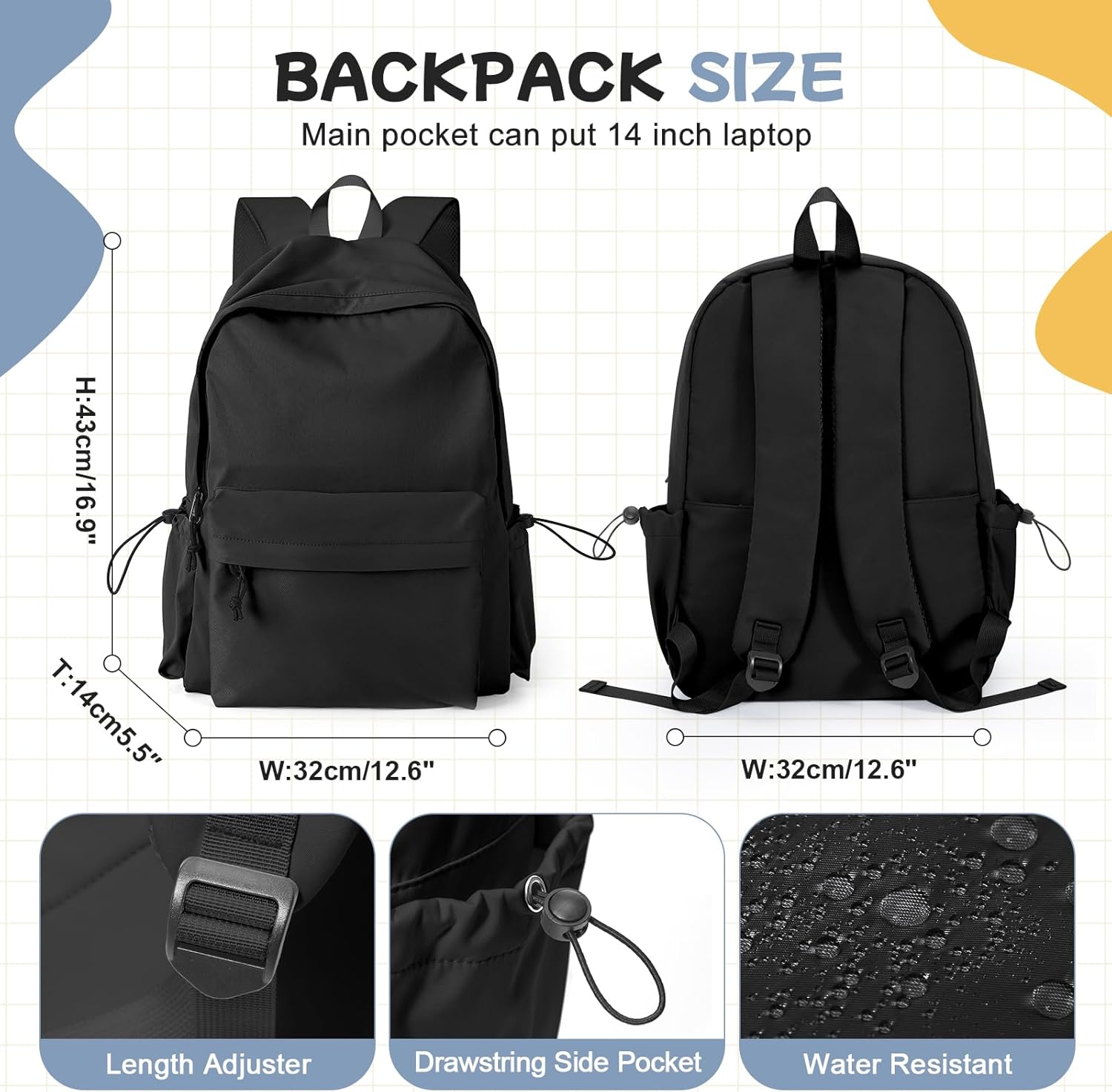 HYC00 School Backpack for Women, Casual Travel School Bags, 14 Inch Laptop Backpack for Teenage Girls, Lightweight Backpack, Water-Repellent Bookbag, College, Boys, Men, Work, Daypack – Bild 2