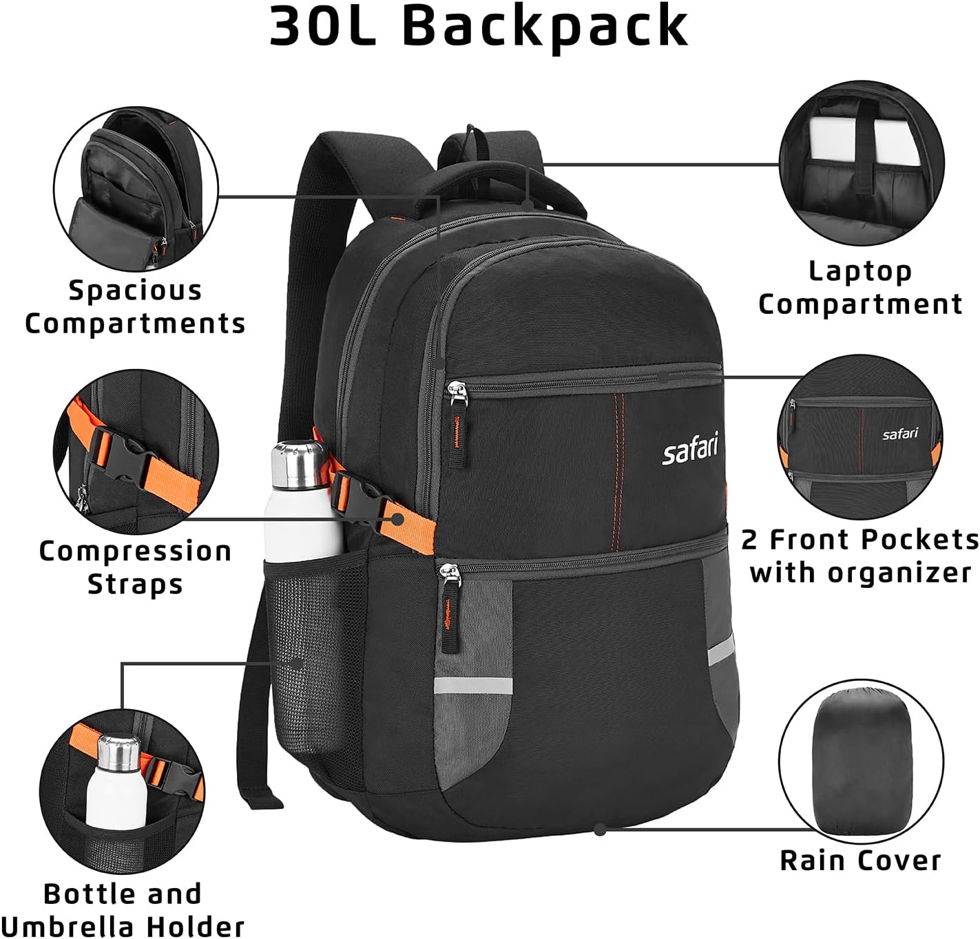 Safari Omega Rucksack 30L mit Regenhülle, Laptop-Rucksack Daypack Unisex, für Reisen, Arbeit, Schule & Alltag, Laptoptasche für Damen & Herren, Jungen & Mädchen – Bild 4