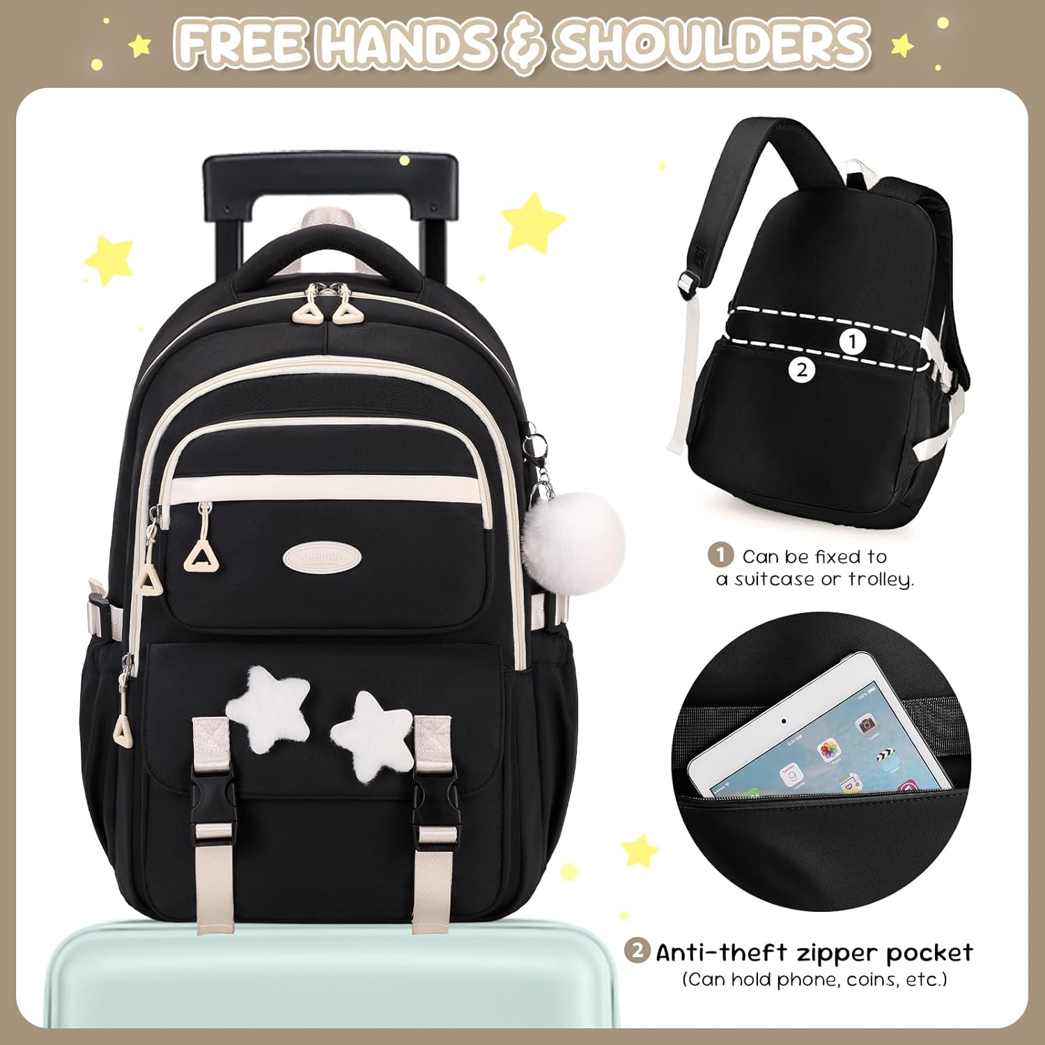 Backpack Girls School Bag for 3rd 5th Grade, Casual Large Kids Backpack with Pom Pom Pendant & Star Badge, Lightweight School Backpack Teenager with Trolley Strap – Bild 5