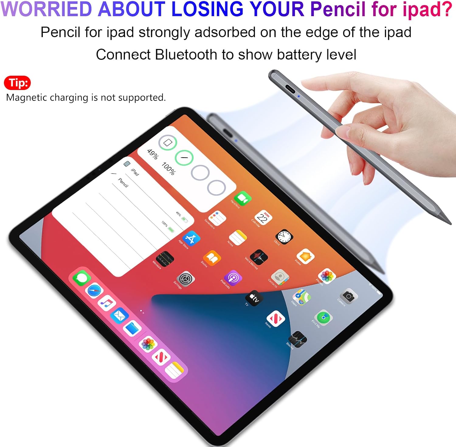 Pencil 1st Generation for iPad 2018-2025, 20 Mins with USB-C Quick Charge & Tilt & Magnetic Suction, Stylus Pen for iPad 11-6 Gen, Air 3-5/M2/M3, Mini 5-6, Pro 11"/12.9"/13''M4 – Bild 8
