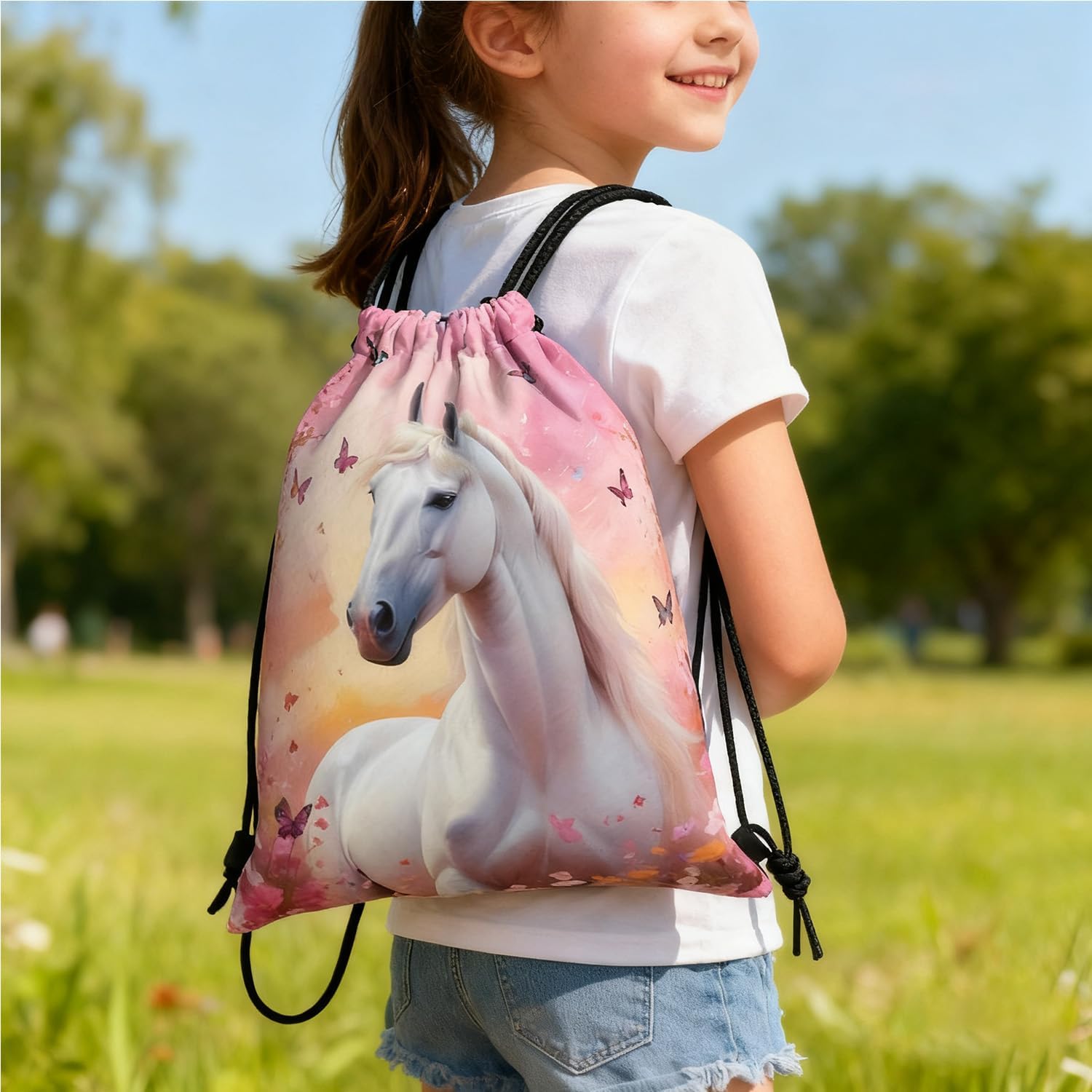 Horse Backpack with Drawstring, Drawstring Bag, Gym Bag, Large, Waterproof Drawstring with Butterfly Pattern, Horse Gift, Sports Bag for Men and Women, Gym Bag, Sports Backpack – Bild 4
