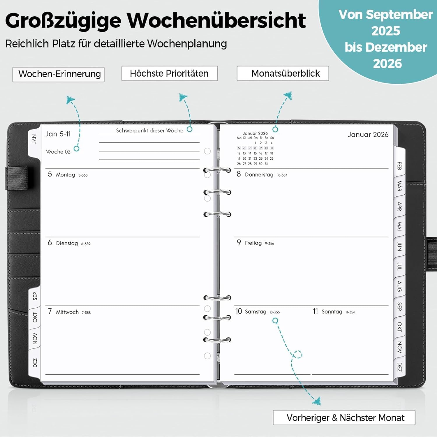 SKYDUE Calendar Ring Binder A5 Refillable, Ring Binder A5 Refillable from December 2025 to December 2026, Diary 2026, Perfect for Students and Professionals (Black) – Bild 3