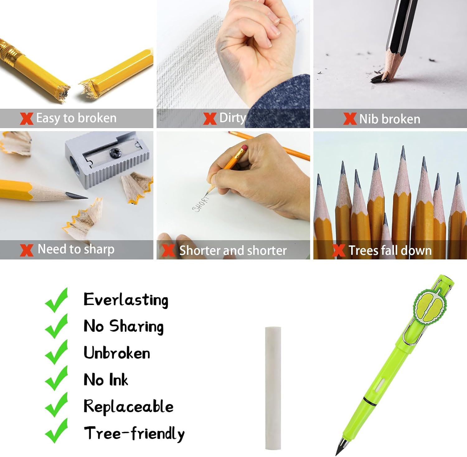 Kawaii Inkless Pencil with 10 Replacement Pen Refills, Permanent Pencil, Everlasting Without Sharpening, Eternal Writing Pen for Children, School, Writing, Sketch, Drawing, Pack of 10 – Bild 3