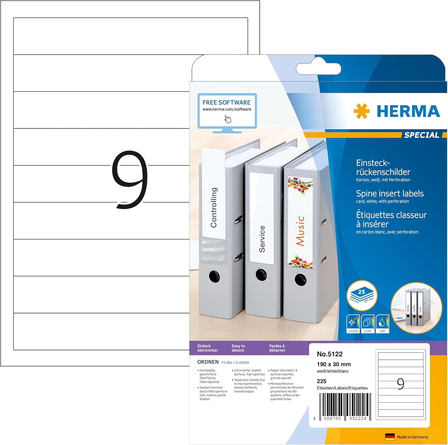 HERMA 5122 Spine insert labels A4 190x30 mm white cardboard perforated non-adhesive 225 pcs.
