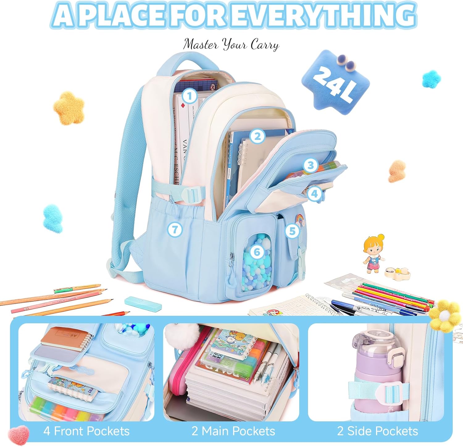 School Backpack Girls, Teenager Backpack with Pompom, Trolley Loop and Reflectors, Large School Bag for Girls 3rd - 7th Grade Water Resistant for School and Travel – Bild 4