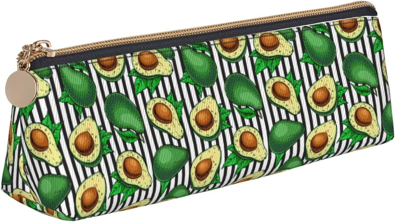 Avocado Pencil Case with Black and White Stripes Cosmetic Bag Pen Bag Triangle Leather Storage Bag Zipper Stationery Organizer for Adult Office, Avocado Black And White Stripes, Bag organiser