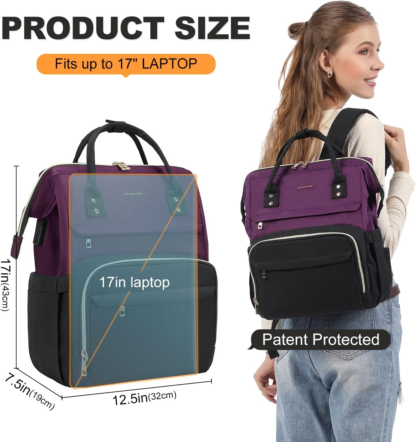 LOVEVOOK Laptop Backpack Women's 17 Inch Large School Backpack Teenagers Backpack Hand Luggage Waterproof Design Breathable Shoulder Straps for University, School & Travel, Dark Purple Black – Bild 4
