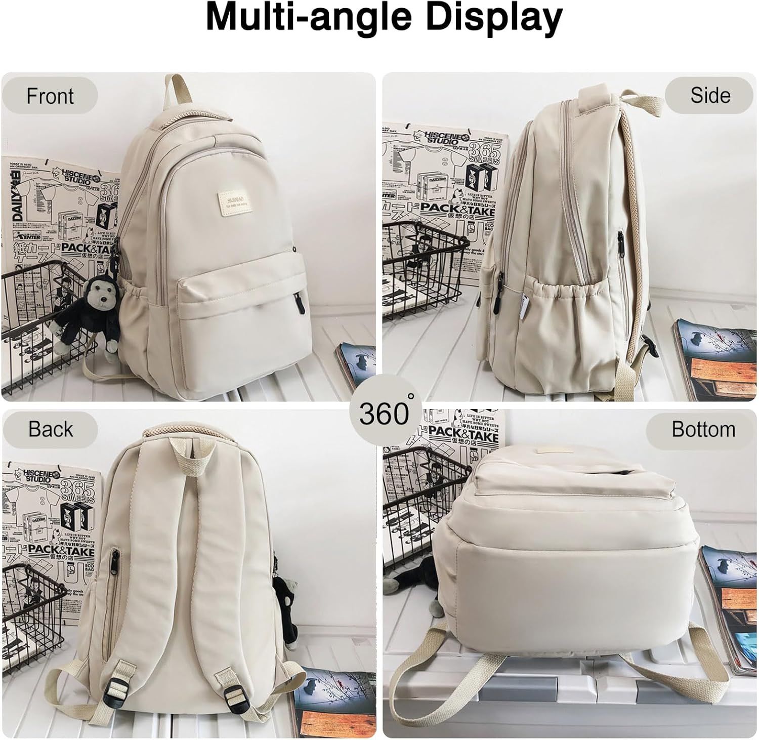 FANDARE School Backpack Women's Daypack with Laptop Compartment School Bags Men's Laptop Backpack for Girls Teenagers Lightweight Backpack Water-Repellent College for Outings, University, School Office, Beige White – Bild 6