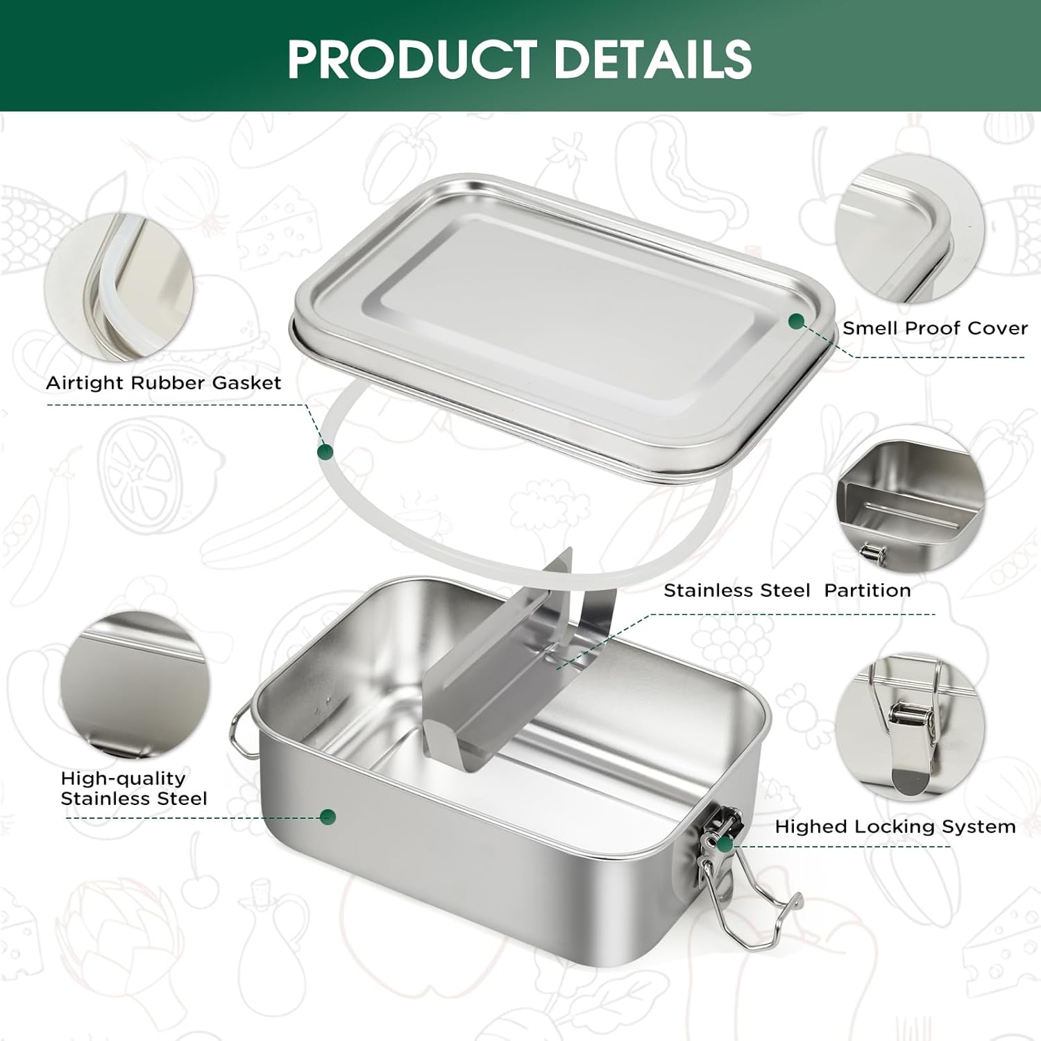 Pack of 4 304 Steel Bento Boxes, with Stainless Steel Lunch Box in Volumes 1400/850/550/550 ml, Leak-proof and Stackable Steel Lunch Box Stainless Steel for Soup, Salad and Leftover Meals – Bild 5