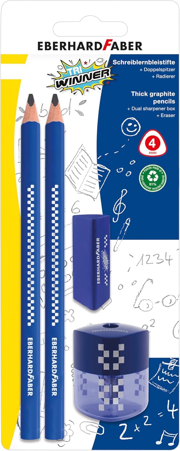 Eberhard Faber TRI Winner, 510099 Pencil Set with 2 Pencils 2B, Eraser and Sharpener