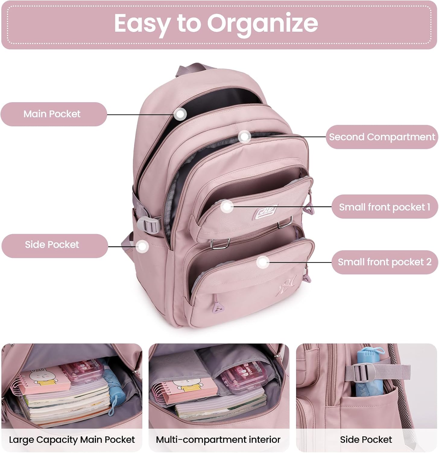 School Backpack Girls Backpack for Teenagers - Stylish and Waterproof Daypack School Bag for Girls 3rd - 9th Grade, Casual Children's Backpack Large for School and Travel, Purple – Bild 3