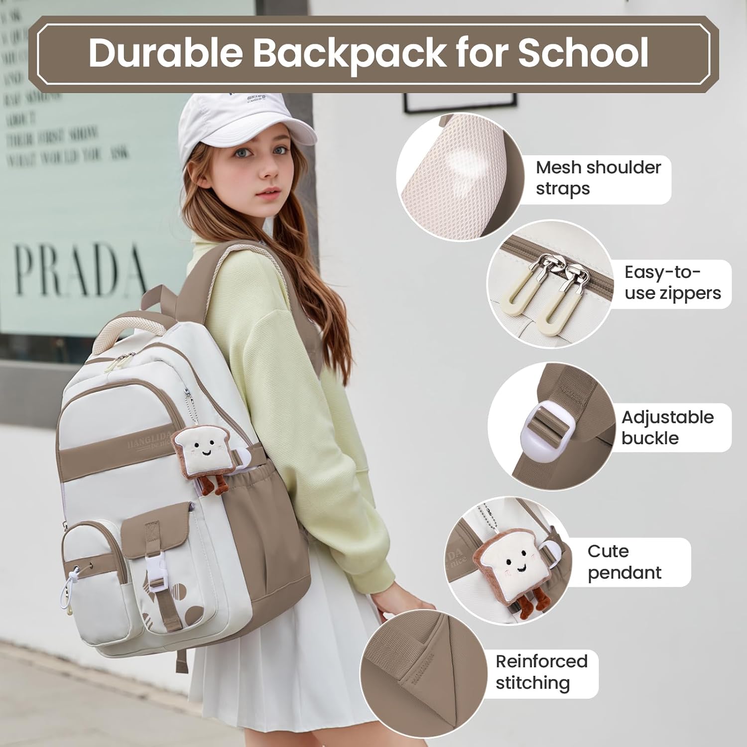 Girls' School Backpack - Backpack Teenager Waterproof & Lightweight - Stylish Casual Daypack, Nylon School Bag Girls 3rd - 9th Class with Large Capacity, 8534# Brown, Rucksack Backpacks – Bild 2