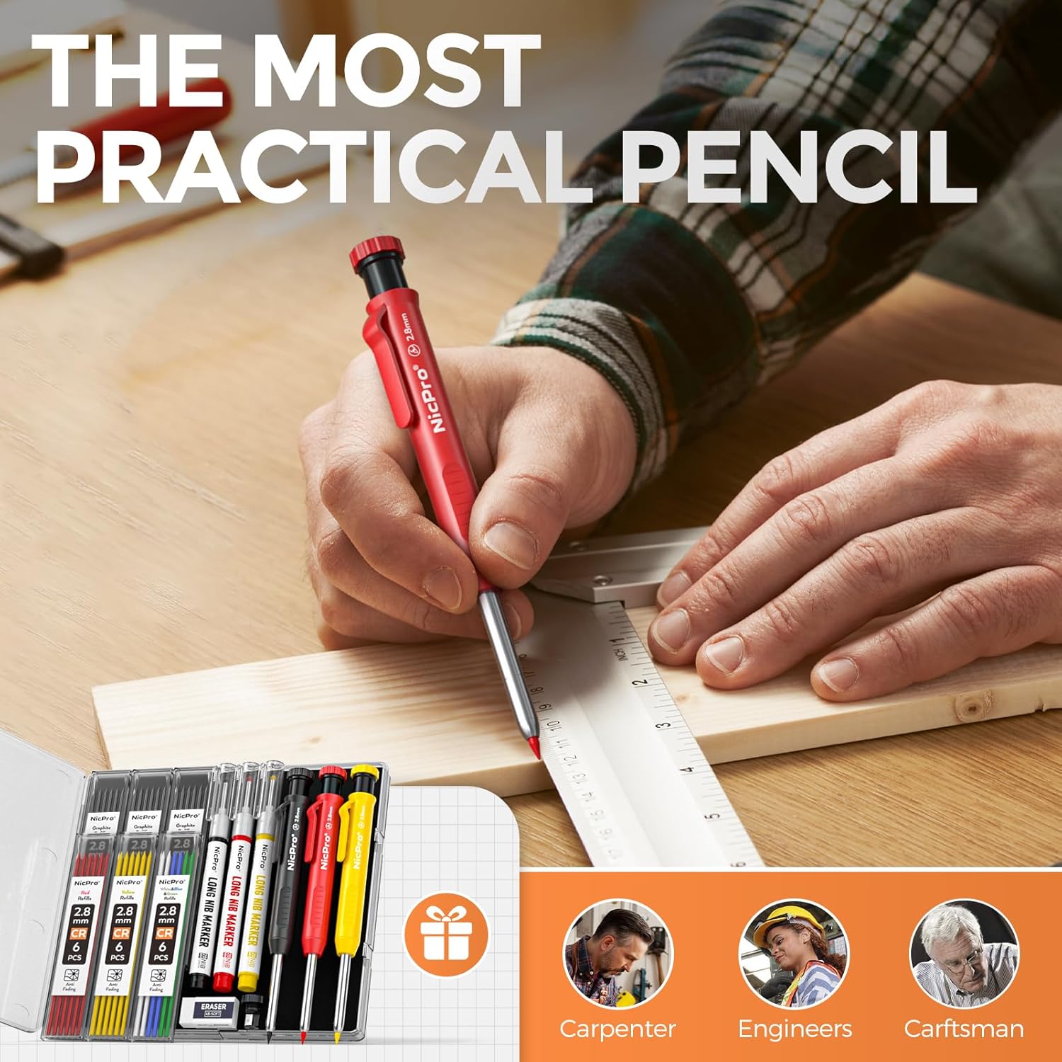 Nicpro 3 Pack CP1000 Carpenter's Pencils with Sharpener, Mechanical Pencils with 39 Leads, Deep Hole Marker with Long Tip for Construction, Heavy Duty Pencil Construction Site for Architect Marking – Bild 6